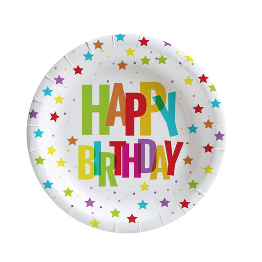 HappyBirthday 7"Dia. Paper Plates 8ct. shrink w/Colour label