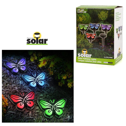 Solar 4pk Butterfly LED Pathway Lights, colour box.