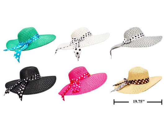 Ladie's Round Straw Hat w/Dot Ribbon, 6asst. Cols.,cht