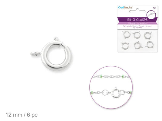 Jewelry Findings: 12mm Ring Clasp x6 w/Spring B) Silver