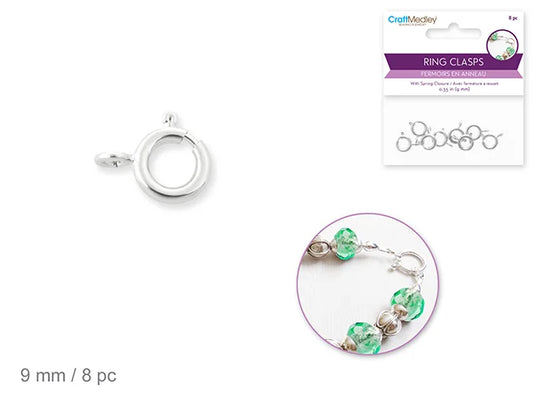 Jewelry Findings: 9mm Ring Clasp x8 w/Spring B) Silver