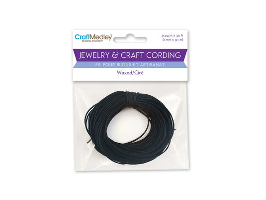 Jewelry/Craft Cord: 1mmx10yds Waxed Cord Round A) Black