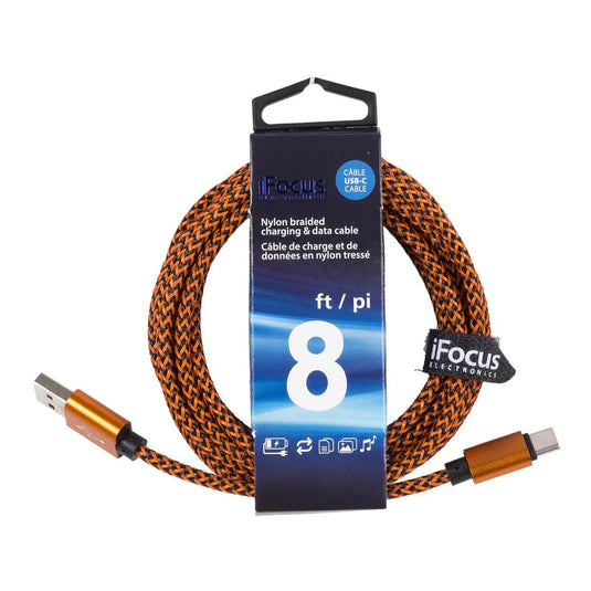 iFocus, 8 ft. USB-C data cable 2 tone Braided,4C,w/strap