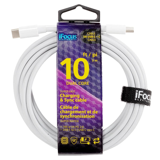 iFocus 10 ft. 5A USB-C to C Cable PD Charging, Dual core,Wht,w/ strap