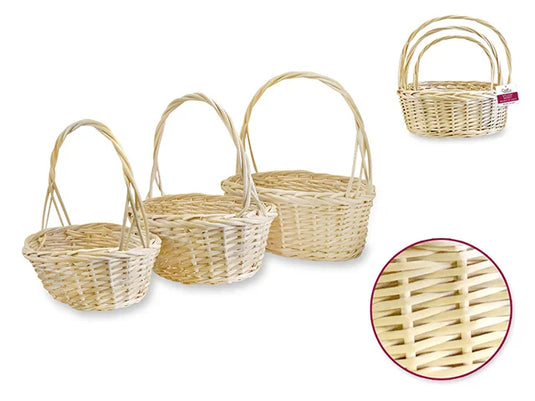 Willow Basket Set: Lrg Oval Natural w/Handle 3/set