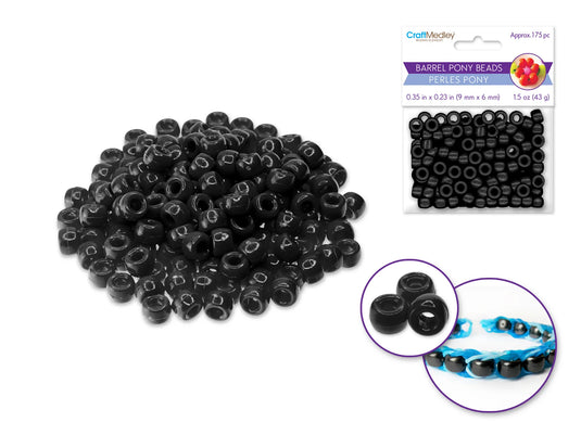 Pony Beads: 9mmx6mm Barrel Standard x175 A) Black