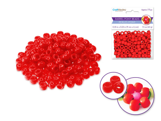 Pony Beads: 9mmx6mm Barrel Standard x175 B) Red