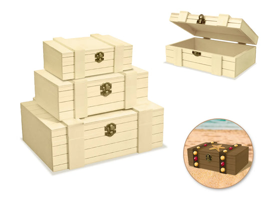 Wood Craft: Treasure Chest Set/3 w/Brass Clasp