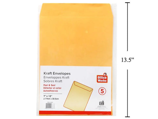 O.WKs. 5-pc 9x12" Peel & Seal Kraft Envelope