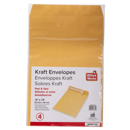 O.WKs. 4-pc Kraft Envelopes, Peel & Seal, 10 x 15", lbl (HZ)