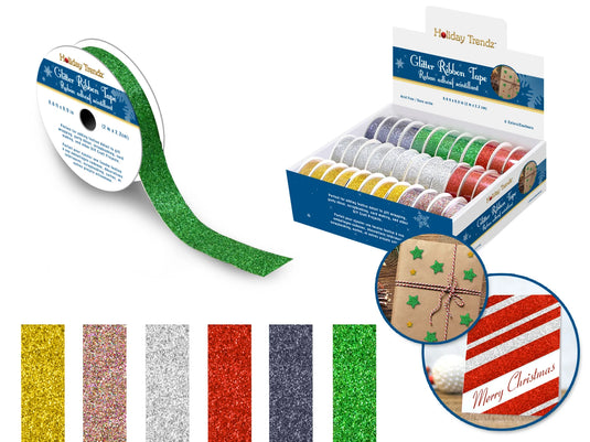 Holiday Craft Tape: 2.2cmx2m Glitter Ribbon Tape 36/PDQ 6styles