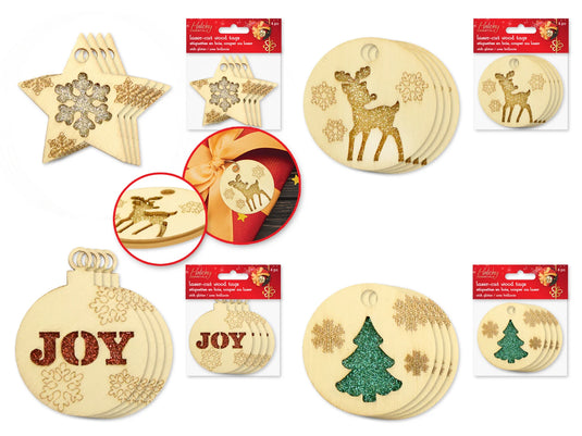 Holiday Wood: Laser-Cut Tags 4pc w/Glitter + Etching