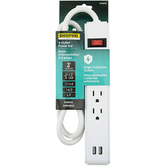 Surge Protected Power Bar 4 Outlets w/USB